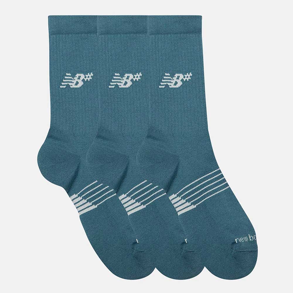 A set of three pairs of New Balance Numeric Salt Water Green skate socks (AC0048UAAU) with cushioned foot bed, white logos, and toe stripes, shown on a plain white background.