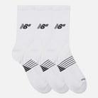 Three pairs of New Balance Numeric 3 Pack Socks White AC0048UWT, each with black logos and three black toe stripes, feature cushioned foot beds for comfort and are laid out overlapping on a white background.