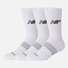 The New Balance Numeric 3 Pack Socks White AC0048UWT features three pairs of white crew socks with black logos and two thin black stripes near the toes, plus a cushioned foot bed for comfort, shown on a plain white background.