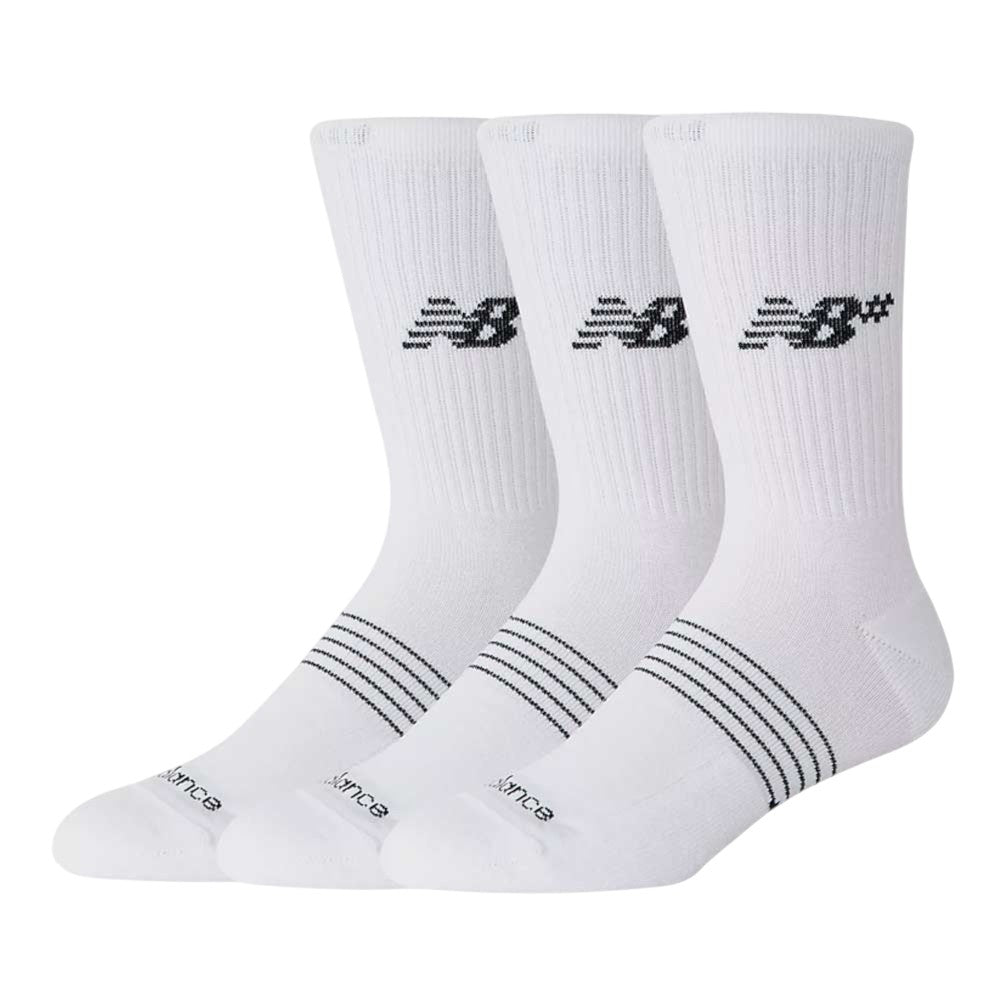 Three pairs of New Balance Numeric 3 Pack Socks (White, AC0048UWT) featuring a white crew design with black stripes near the toes and the New Balance logo in black on the sides. These socks offer a cushioned foot bed for all-day comfort and moisture-wicking properties to help keep your feet dry.