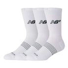 Three pairs of New Balance Numeric 3 Pack Socks (White, AC0048UWT) featuring a white crew design with black stripes near the toes and the New Balance logo in black on the sides. These socks offer a cushioned foot bed for all-day comfort and moisture-wicking properties to help keep your feet dry.