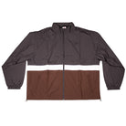 The New Balance Numeric Jacket MJ61W4XCABR features a brown and dark gray color-block design, white chest stripe, zipper closure, long sleeves with elastic cuffs, and durable ripstop fabric.