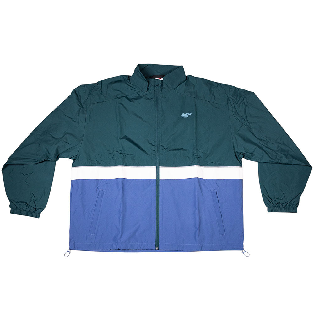 The New Balance Numeric Jacket MJ61W4XCAAV features a color-blocked design with a dark green top, white stripe, blue bottom, durable ripstop fabric, front zipper, side pockets, NB logo on the left chest, and NB DRY tech for comfort.
