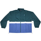 The New Balance Numeric Jacket MJ61W4XCAAV features a color-blocked design with a dark green top, white stripe, blue bottom, durable ripstop fabric, front zipper, side pockets, NB logo on the left chest, and NB DRY tech for comfort.