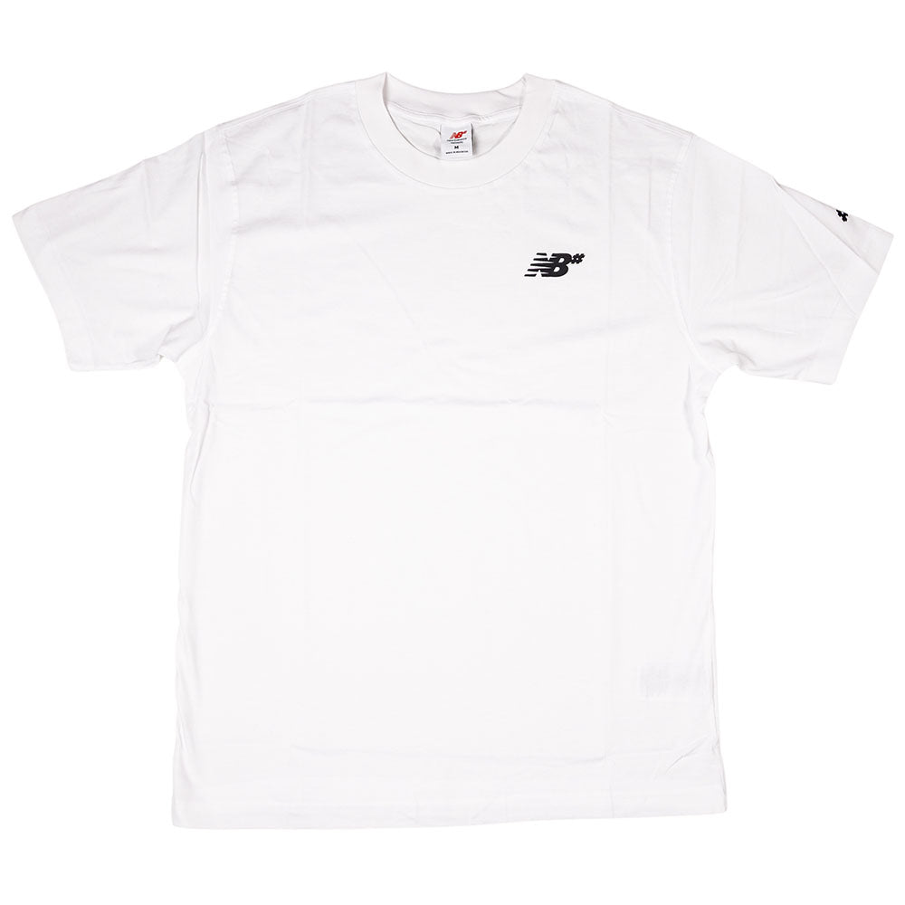 The New Balance Numeric Small Logo White Tee (MT53706WT) is a relaxed-fit, white cotton crewneck with a small black logo on the left chest and subtle sleeve detail. Shown on a white background.