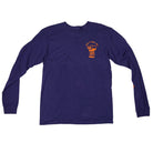 Introducing the Jalopi Rip Off Blue Red Longsleeve Tee by Anti Hero Skateboards—a navy blue T-shirt featuring a small orange scroll graphic and text on the left chest, inspired by the iconic Jalopi Rip Off design. This longsleeve tee is designed with a crew neckline and ribbed cuffs for classic skate style.