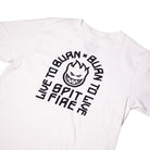 The Live to Burn Arch YOUTH Tee White Black Spitfire is a white and black youth t-shirt featuring a bold black flaming cartoon face graphic. Surrounding the face, stylized text inspired by the iconic Spitfire Wheels brand reads “LIVE TO BURN + BURN TO LIVE” above and “SPITFIRE” below.