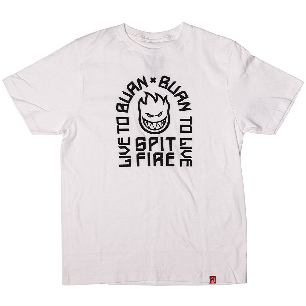 The Live to Burn Arch YOUTH Tee in White Black by Spitfire features a bold, stylized flaming face graphic at the center, surrounded by the text “LIVE TO BURN BURN TO LIVE SPIT FIRE” arranged in a striking circular pattern—perfectly capturing the signature attitude of Spitfire Wheels.