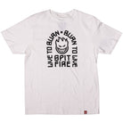 The Live to Burn Arch YOUTH Tee in White Black by Spitfire features a bold, stylized flaming face graphic at the center, surrounded by the text “LIVE TO BURN BURN TO LIVE SPIT FIRE” arranged in a striking circular pattern—perfectly capturing the signature attitude of Spitfire Wheels.