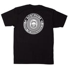Southside x Spitfire KTUL Pinwheel Black Tee in black, featuring a large white circular logo on the back with “Southside Skatepark” and “KEEPING THE UNDERGROUND LIT” encircling a stylized flame face inspired by the Underground Lit Pinwheel.