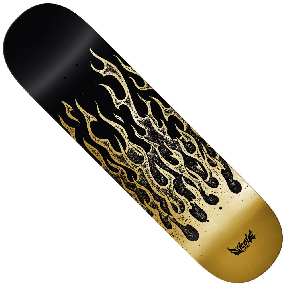 Introducing the Nicole Flames Redux 8.25x31.92 Twin Nose Real Skateboard Deck, featuring a bold black-to-gold gradient and dynamic black and gold flame graphics rising from the base. A distinctive Wicked logo adorns the bottom right, providing a sharp, stylish detail to this striking deck.