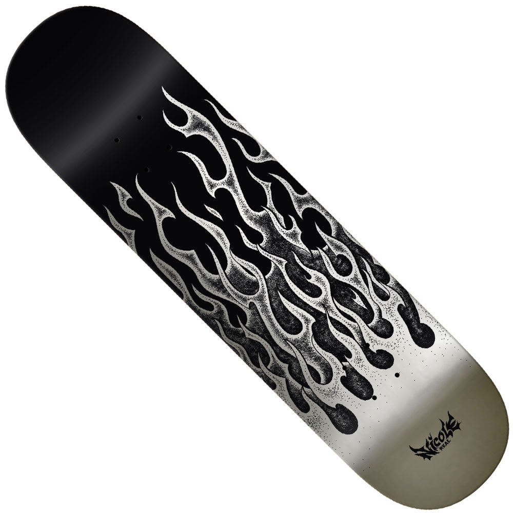 The Nicole Flames Redux 8.5x32.1 Twin Nose Real Skateboard Deck features a dynamic black-and-white flame graphic rising from the bottom, transitioning from dark at the top to light at the tail. Sized at 8.5x32.1 inches, this deck combines eye-catching style with dependable performance.
