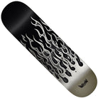 The Nicole Flames Redux 8.5x32.1 Twin Nose Real Skateboard Deck features a dynamic black-and-white flame graphic rising from the bottom, transitioning from dark at the top to light at the tail. Sized at 8.5x32.1 inches, this deck combines eye-catching style with dependable performance.