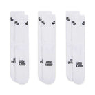 Three pairs of Nike SB Everyday Elevated 3 Pack IR1328910 White Black Crew Socks are displayed side by side, each featuring a black Nike logo near the top and the words GOODBY FOOT and LAR printed in black on the toes.
