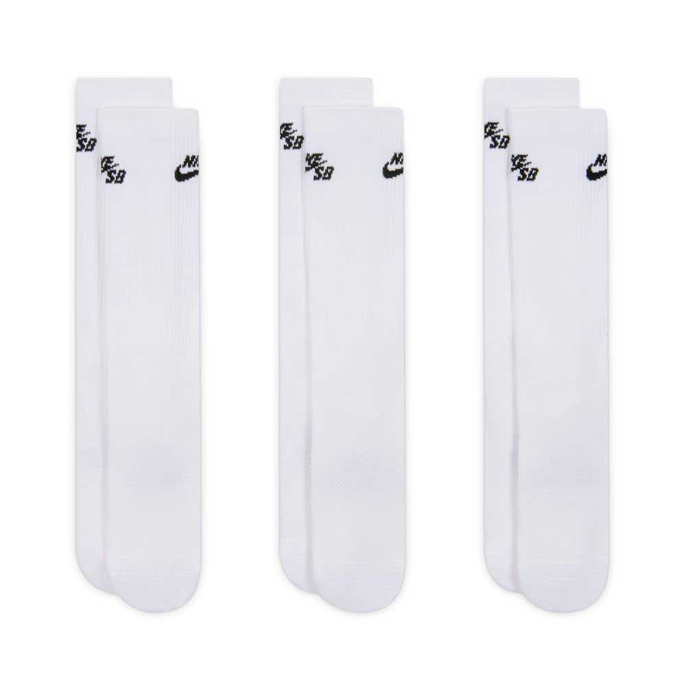 Three pairs of Nike SB Everyday Elevated Crew Socks (IR1328910) in white are laid out side by side, each featuring the black Nike Swoosh and SB logo near the top cuff. These Nike socks are designed with cushioning for added comfort and support with every step.