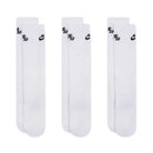 Three pairs of Nike SB Everyday Elevated Crew Socks (IR1328910) in white are laid out side by side, each featuring the black Nike Swoosh and SB logo near the top cuff. These Nike socks are designed with cushioning for added comfort and support with every step.