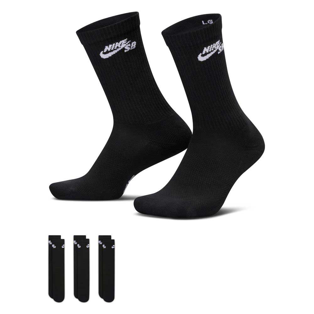 A set of Nike SB Everyday Elevated Crew Socks (3 Pack, IR1328900) in black with white Nike logos, featuring Dri-FIT technology for moisture management, is shown with three additional pairs stacked vertically on the lower left.