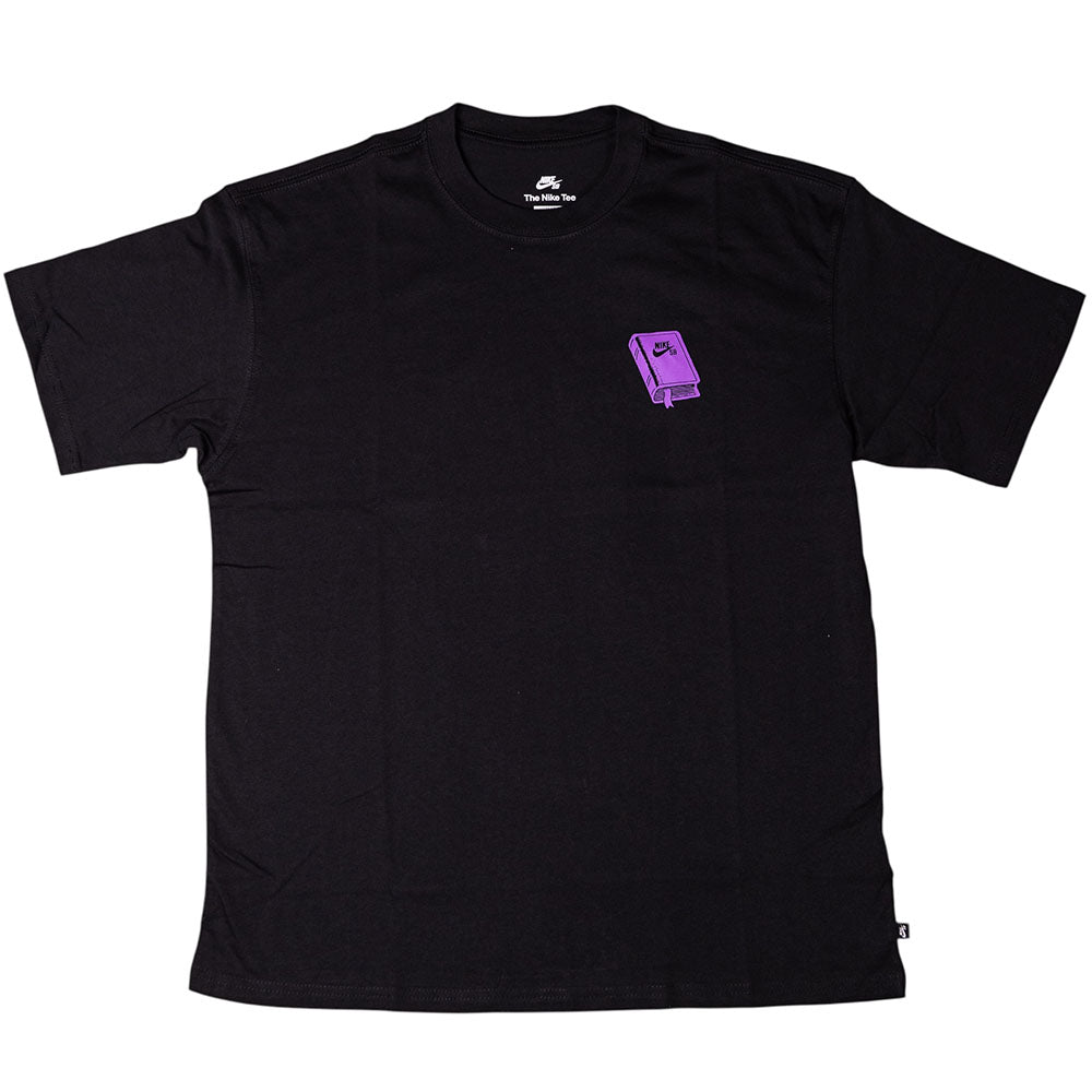 The Nike SB Skateboarding Purple Black Tee IR6747010 is a roomy, midweight cotton t-shirt with short sleeves and a small purple book graphic with eyes and legs on the left chest for daily comfort.