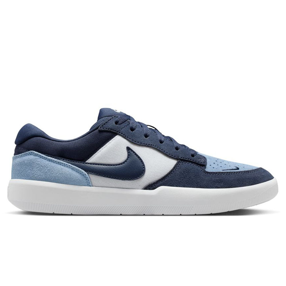 Side view of the Nike SB Force 58 “Light Armory Blue Thunder Photon Dust” DV5477-404, showing white cupsole, navy Swoosh, and light blue, navy, and white mesh and suede panels—fusing heritage basketball with skate shoe style.