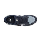 Top view of the Light Armory Blue Thunder Photon Dust DV5477-404 Force 58 Nike SB suede skateboarding shoe with white logos, dark laces, and a perforated toe; inspired by heritage basketball design with a durable cupsole.