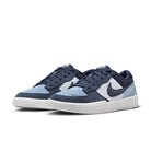 A pair of Nike SB Force 58 suede skateboarding shoes in Light Armory Blue, Thunder, and Photon Dust (DV5477-404) with navy and light blue panels plus dark blue swooshes—blending basketball and skate style on a clean white background.