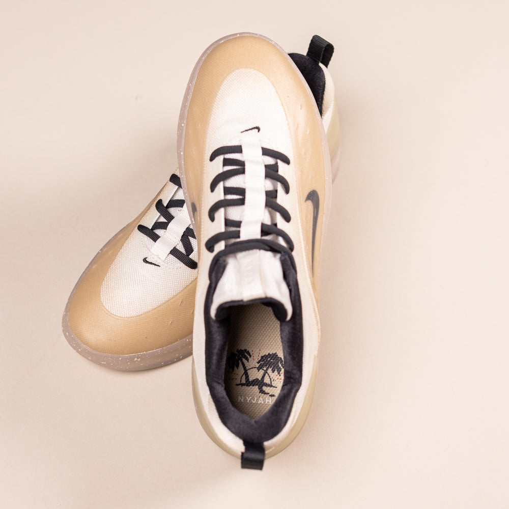 The FQ1273200 Khaki White Zoom Nyjah 4 Nike SB Skateboarding Shoes feature a reinforced mesh upper, black laces and accents, a palm tree graphic on the insole, and the Nike logo on the side, shown from above on a neutral background.