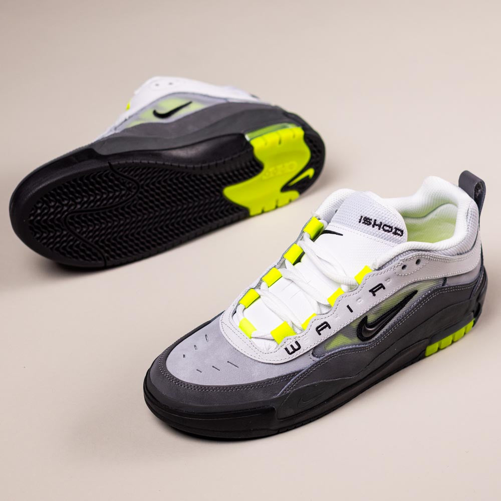The IR1887002 Black Neon Yellow Anthracite Air MAX Ishod Nike SB Skateboarding Shoes feature a bold black, grey, and white palette with neon yellow accents, shown upright for top and side views, plus the sole highlighting Max Air cushioning.