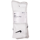 A 3-pack of White Nike SB Crew Socks with black swoosh logos, featuring Dri-FIT moisture control, wrapped in a white label displaying product and size details.
