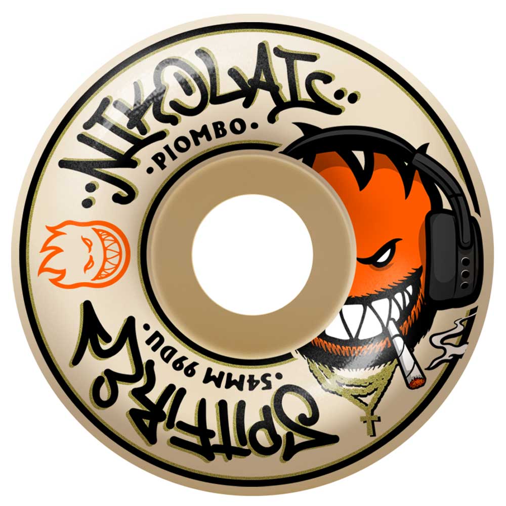 The Nikolai Pro Edition 54mm99A Formula Four Spitfire Wheels Classic feature graffiti-style text, cartoon logos, and a fierce orange face with headphones and a cigarette on an off-white base with black, orange, and beige accents.