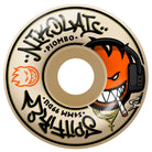 The Nikolai Pro Edition 54mm99A Formula Four Spitfire Wheels Classic feature graffiti-style text, cartoon logos, and a fierce orange face with headphones and a cigarette on an off-white base with black, orange, and beige accents.