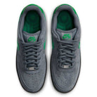 Top-down view of AF1 Cool Grey Court Green Black IV5289003 Nike SB Suede Skateboarding Shoes, featuring grey suede low-tops with green accents on the swoosh, interior lining, and tongue label.