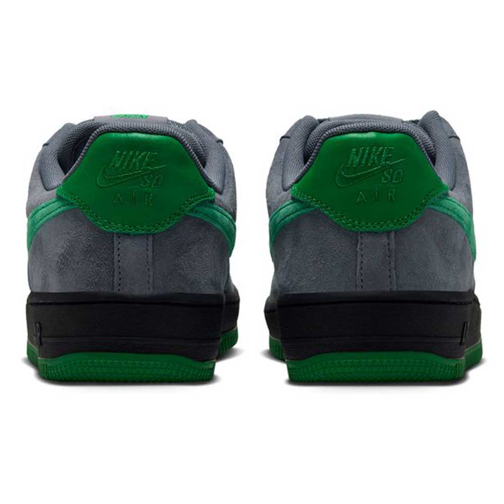 Back view of AF1 Cool Grey Court Green Black IV5289003 Nike SB Suede Skateboarding Shoes, featuring grey and green suede uppers and black midsoles.