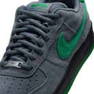 AF1 Cool Grey Court Green Black IV5289003 Nike SB Suede Skateboarding Shoes in grey suede with a green swoosh, green heel tab, and black midsole.