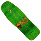 The Nolan Houghton 10.25x30.9 Knock Off Skateboards Deck features a green finish, visible wood grain, orange "HEROIN SKATEBOARDS KNOCK OFFS" text, an orange skull on the right, and a unique shape designed by Nolan Houghton.