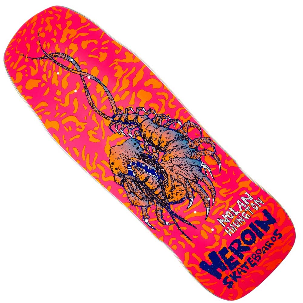 The Nolan Houghton 10.25x30.9 Knock Off Skateboards Deck showcases a bright orange and pink pattern, a large illustrated lobster, and blue “AN OIL HUNG ON” & “HEROIN SKATEBOARDS” text, designed by Nolan Houghton.