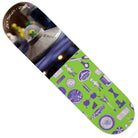 The O Brien Zenith 8.37 Alien Workshop Skateboard Deck showcases a UFO and alien figure on the top left, with a vibrant green section featuring purple patterns, shapes, and alien-themed graphics on the lower part. Its 8.37-inch design offers both eye-catching style and performance for riders seeking to make a statement.