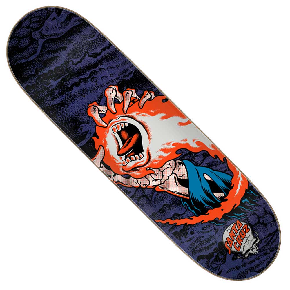 The OBrien Reaper Hand VX Deck 9.00in x 32.15in from Santa Cruz Skateboards features flaming, screaming hand artwork with a dark, textured background and the Santa Cruz logo displayed at the bottom right corner.