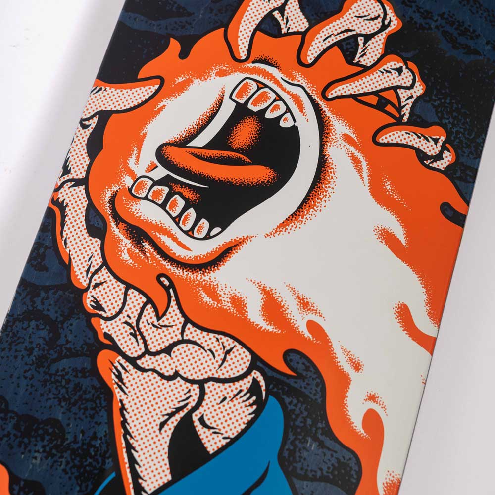 A bold graphic of a fiery, screaming mouth with exaggerated teeth and the OBrien Reaper Hand reaching out, surrounded by orange flames and blue comic shading—featured on the OBrien Reaper Hand VX Deck 9.00in x 32.15in from Santa Cruz Skateboards.