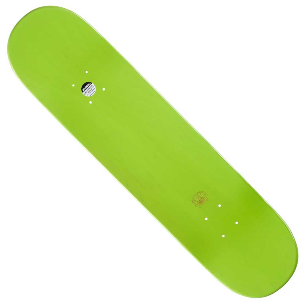 The OBrien Strobe EXP Green Deck 8x31.5 Alien Workshop Skateboard is shown from above in plain lime green, featuring no grip tape or graphics and visible truck mounting holes.