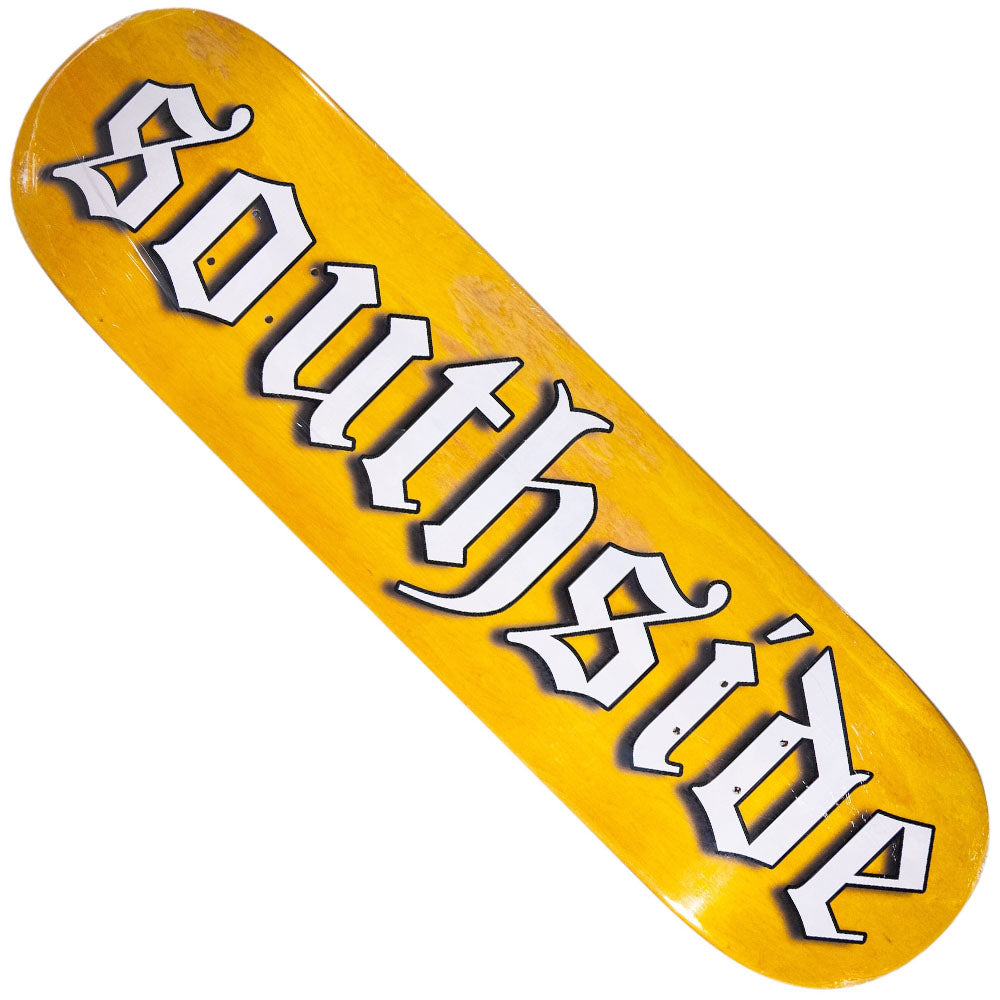 Introducing the OE STANDARD Shape Old English Southside Skatepark Deck in a vibrant yellow stained veneer—crafted from durable 7-ply maple and featuring bold black and white Old English “southside” lettering across the board. This deck pays true tribute to Houston skateboarding style.
