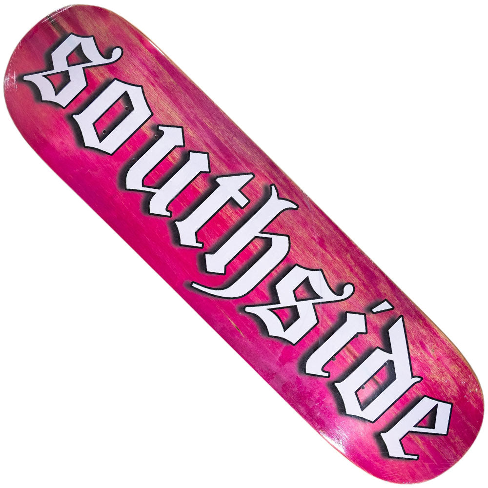 Introducing the OE STANDARD Shape Old English Southside Skatepark Deck, crafted from sturdy 7-ply maple and featuring various stained veneers. This deck showcases a bold pink background with “southside” in large, white, gothic-style lettering across the center—paying homage to Houston skateboarding culture with both standout style and dependable durability.