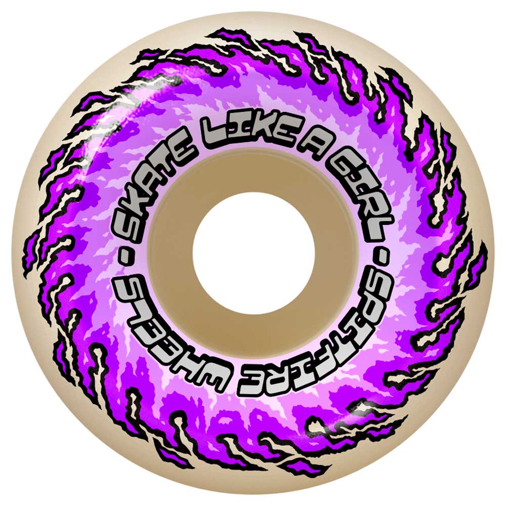 The OG Classic Skate Like a Girl 54mm 99A Formula Four Spitfire Wheels feature a purple and black flame pattern, “SKATE LIKE A GIRL,” and “SPITFIRE WHEELS” graphics, built with Formula Four for ultimate performance.