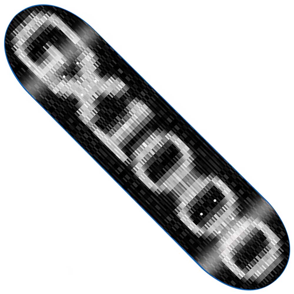 Introducing the OG Logo Blur Black 8.5x32.125 GX1000 Deck Skateboard—a 100% wood skateboard deck with a black background and a white pixelated GUIDED logo spanning its surface, embodying true OG Logo Blur Black style.