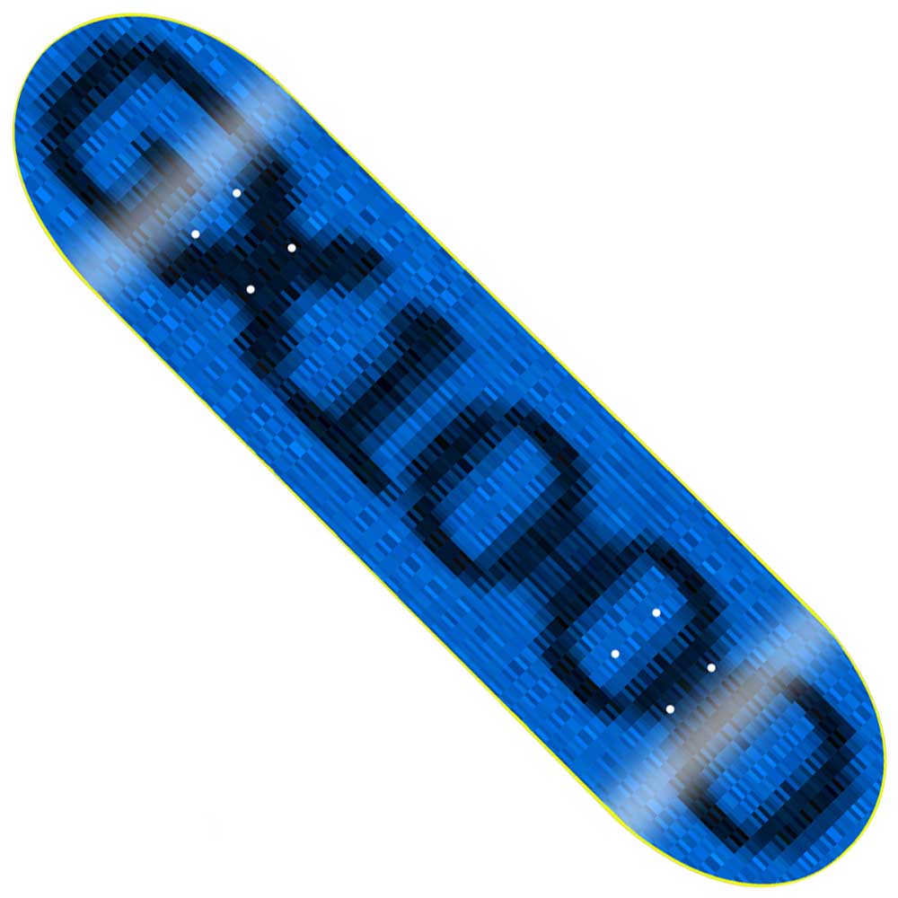 The OG Logo Blur Blue 8x31.6 GX1000 Deck Skateboard is a blue 8.0-sized skateboard deck featuring a pixelated pattern with the OG Logo Blur Blue design and the word GUCCI in black block letters running lengthwise down the center.