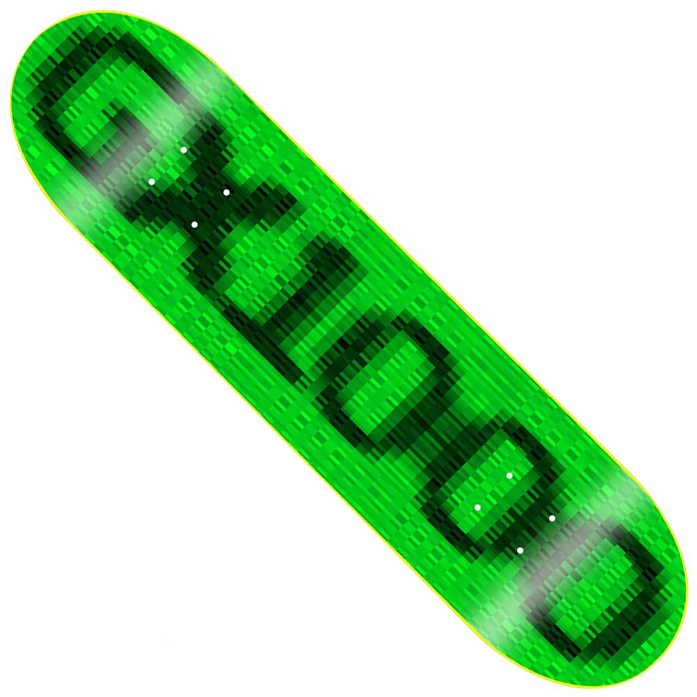The OG Logo Blur Green 8.12x31.6 GX1000 Deck Skateboard is a green skateboard deck featuring a black pixelated “GOOD” design in large block letters across the bottom.