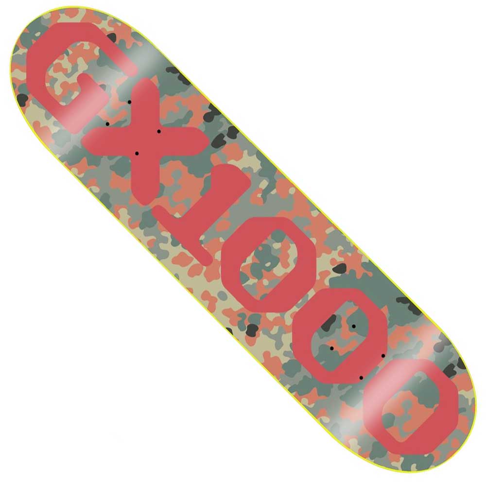 The OG Logo Camo Red 8.12x31.62 GX1000 Deck Skateboard showcases a green, orange, and brown camouflage design with bold red GX1000 lettering across the top.