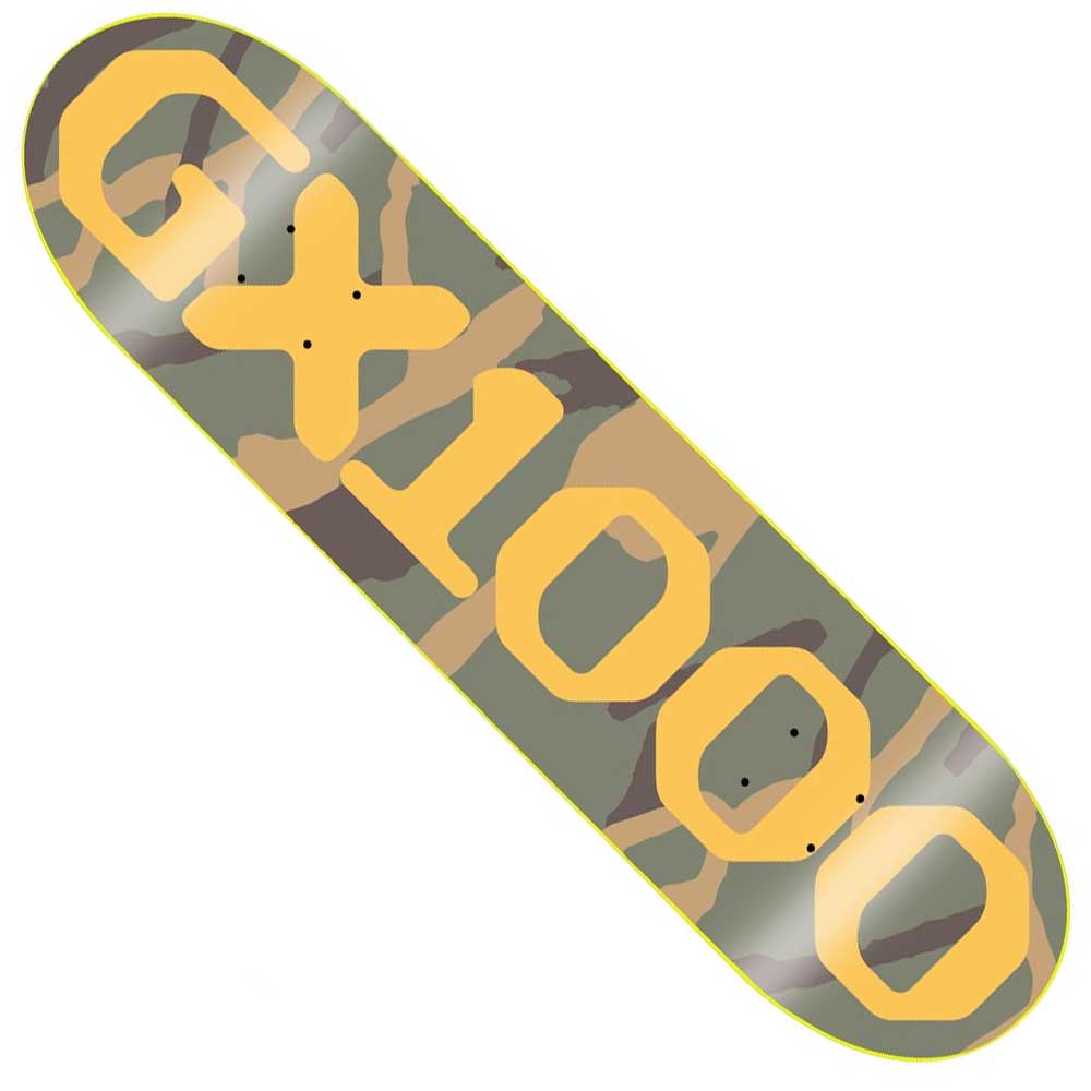 The OG Logo Camo Yellow 8.5x32.12 GX1000 Deck Skateboard features a green and brown camouflage design with "GX1000" branding, made from 100% wood for lasting durability and performance.