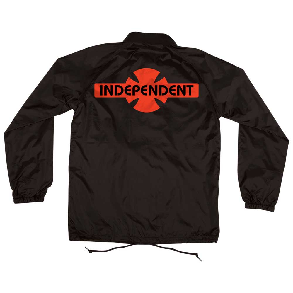 The OGBC Legacy Coach Windbreaker Longsleeve Jacket Black Red Mens Independent features a black nylon design, large red cross, bold "INDEPENDENT" on the back, collar, elastic cuffs, and a drawstring hem in true Legacy style.