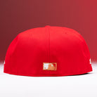 The H Town South Houston Astros New Era Hat 5950 Fitted is displayed from the back, with the Major League Baseball (MLB) logo embroidered in white and gold on the bottom center. A red gradient background subtly highlights its classic Houston Astros design.