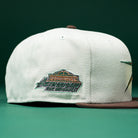 A Copper Trails OG Walnut Egreen Houston Astros New Era 5950 Fitted hat in light gray, featuring a green, brown, and gold embroidered patch with a building and the words “Astrodome The 8th Wonder” on the side. The brim is brown, set against a green background.